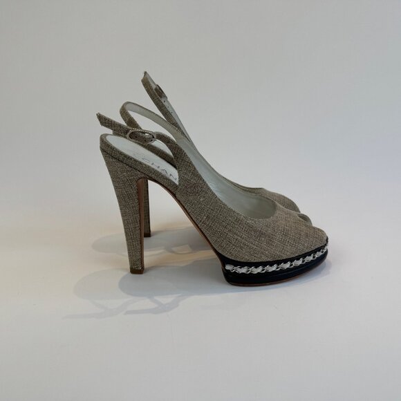 Chanel Beige Canvas and Black Leather Peep Toe Platform Slingbacks, Size 41 - Picture 4 of 14